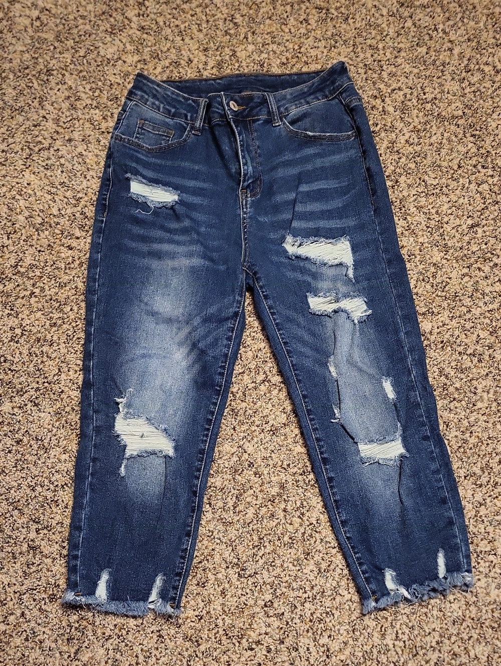 Cropped Distressed Women's Jeans - Dark Blue